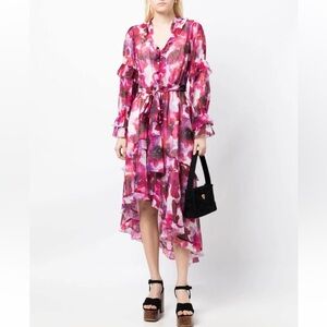 Marchesa Notte Oleander Floral Print Asymmetrical Ruffle Midi Dress Size‎ 2